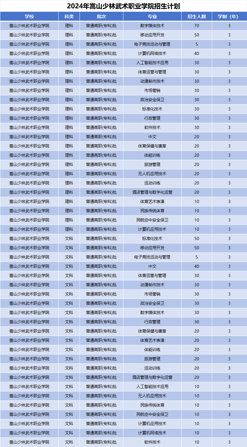 2024年嵩山少林武术职业学院招生计划